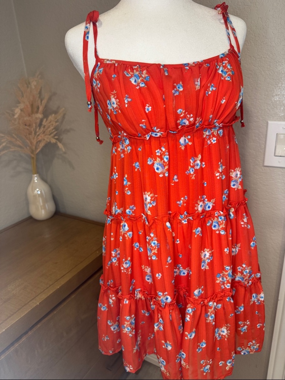 Red Floral Tie-Shoulder Sundress